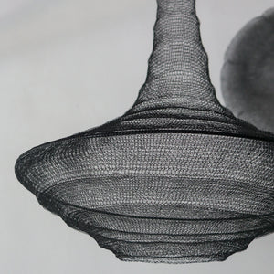Large black wire mesh chandelier in teardrop shape, handcrafted from copper mesh iron in Bali.
