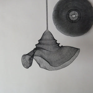 Large black wire mesh chandelier in hat shape, handcrafted from copper mesh iron, perfect for unique interior decor.