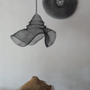 Large black wire mesh chandelier in hat shape, handcrafted copper mesh design made in Bali, Indonesia.