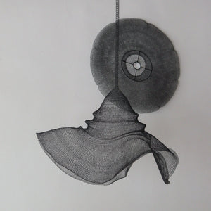 Handcrafted black wire mesh chandelier in hat shape, featuring intricate design, perfect for modern decor.