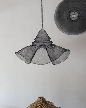 Large black wire mesh chandelier in hat shape, handcrafted copper mesh design, perfect for modern decor.
