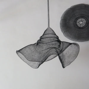 Large black wire mesh chandelier in hat shape, handcrafted from copper mesh iron, ideal for modern decor.