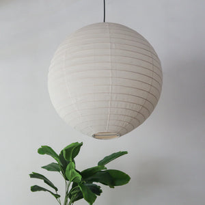 Round off white linen lantern chandelier hanging from the ceiling with a green plant in the foreground.