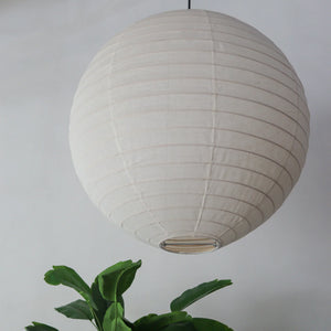 Off white round linen lantern chandelier, handmade in Bali, perfect for unique home decor.