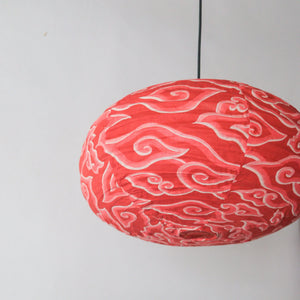 Batik oval fabric chandelier in red and white, authentic Bali linen hanging lamp, customizable design and color.