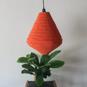Orange pendant lamp hanging above indoor plant in woven stand, minimalist home decor