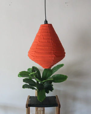 Orange pendant lamp hanging above indoor plant in woven stand, minimalist home decor