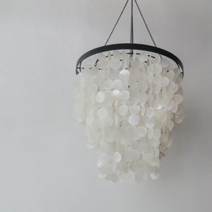 Capiz Shell Chandelier in black and white design, handcrafted in Bali, Indonesia, perfect for home decor.