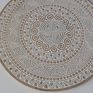 Hand carved ethnic wall panel decoration with intricate geometric patterns, made in Bali.