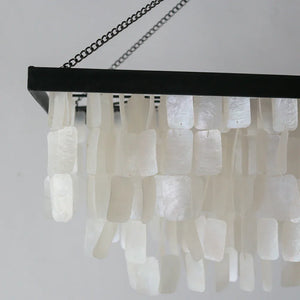 Handmade rectangular seashell chandelier with black metal frame, hanging decor