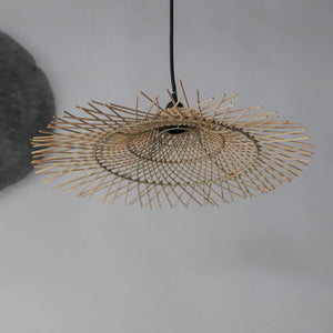 Handwoven rattan pendant light with modern geometric design, eco-friendly home decor
