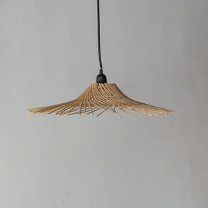 Handwoven rattan pendant light with unique wave design, minimalist home decor