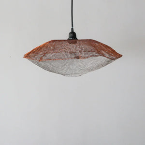 Handmade woven pendant light with brown and silver tones, minimalist modern decor