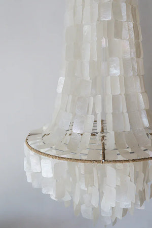 Handcrafted Balinese seashell chandelier with cascading white capiz shells