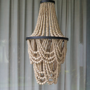 Boho chandelier with natural wooden beads, modern handmade hanging light fixture