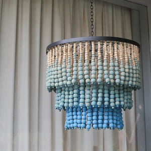 Handmade blue ombre beaded chandelier with wooden beads, Boho home decor lighting