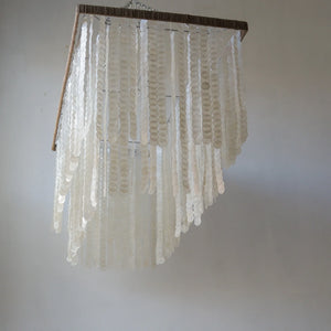Rectangle Capiz Shell Chandelier, handmade in Bali, unique seashell design, perfect for home decor.
