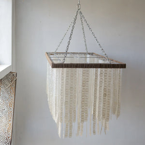 Handmade Rectangle Capiz Shell Chandelier with unique bead design, perfect for home decor.
