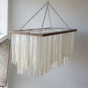  handmade rectangle Capiz shell chandelier with hanging shells, made in Bali, free shipping worldwide.