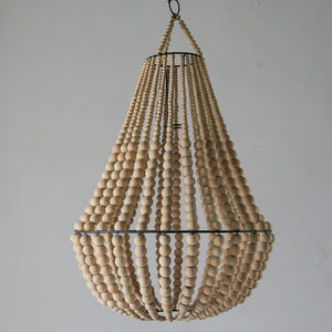 Handmade beaded chandelier with natural wood beads and metal frame, boho home decor