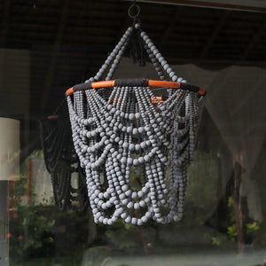 Handmade beaded chandelier with grey wooden beads and circular frame, Balinese decor style.