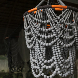 Handmade beaded chandelier with grey beads and orange frame, Balinese decor style