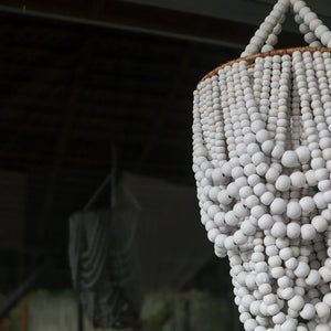 Handmade Balinese beaded chandelier with white wooden beads, luxury boho home decor
