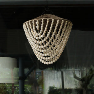 Handcrafted beaded chandelier with natural wood beads, Balinese style home decor lighting