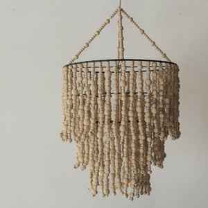 Handmade wood bead chandelier with cascading strands, natural boho home decor lighting