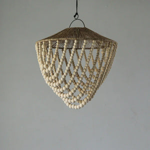 Handmade hanging chandelier with natural wood beads and rattan top, Balinese decor style