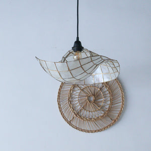 Handcrafted seashell chandelier with woven rattan base, luxury boho home decor lighting
