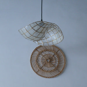 Handcrafted seashell chandelier with woven rattan spiral wall art, boho coastal decor