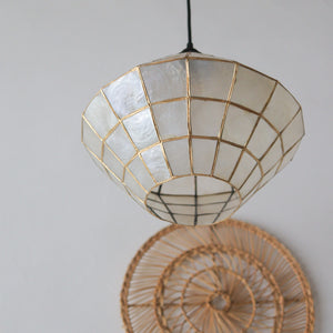 Handcrafted seashell chandelier with gold grid, boho coastal lighting for luxury home decor