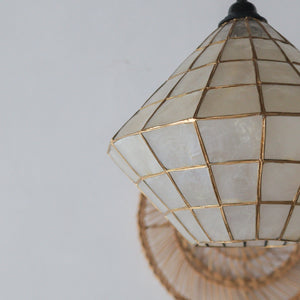 Handcrafted seashell chandelier with gold grid design, luxury coastal home decor lighting