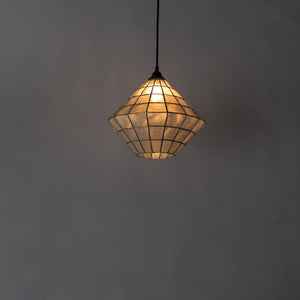 Geometric stained glass pendant light with warm glow, handmade home decor