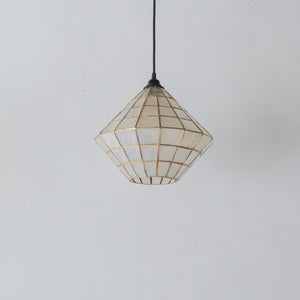 Handcrafted geometric pendant light with mother-of-pearl tiles and gold accents, ideal for luxury home decor