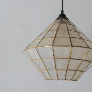 Handcrafted seashell pendant light with gold grid, luxury Balinese home decor