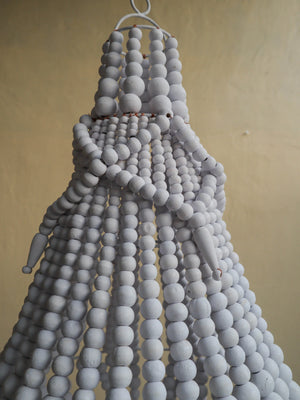 Handmade white beaded chandelier with layered wood beads, Balinese home decor style