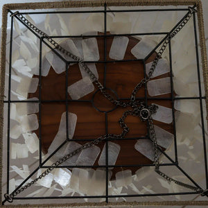 Square seashell chandelier with metal frame and hanging chains, eco-friendly home decor
