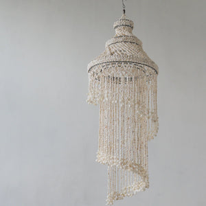 Handmade Balinese seashell chandelier with cascading beads, boho home decor