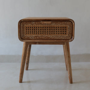 Hand-carved wooden bedside table with cane drawer front, Balinese style home decor