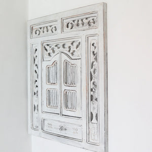 Hand-carved whitewashed Balinese wooden wall decor panel with ornate floral detailing