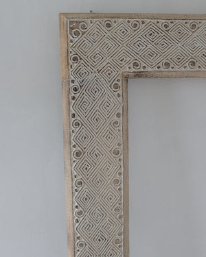 Hand carved ethnic white wash mirror frame with intricate motifs, made from 100% handmade wood in Bali, 180 x 90 cm.