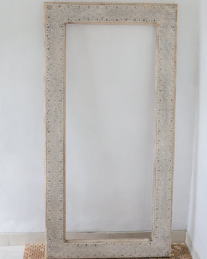 Hand carved ethnic white wash mirror frame, 180x90 cm, handmade in Bali, unique design available for customization.