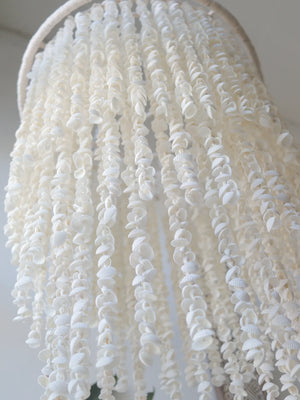 Handmade seashell chandelier with cascading white shell strands, boho coastal decor
