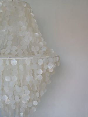 luxury seashell chandelier with cascading white capiz shells, eco-friendly home decor