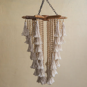 Handmade macrame beaded chandelier with wooden beads and cream tassels, boho home decor