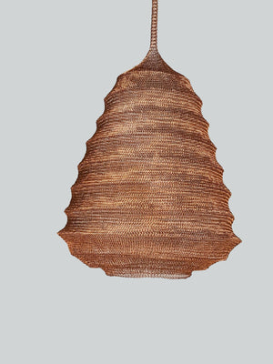 Handwoven rattan mesh pendant light with natural brown texture and organic shape