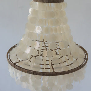 Handmade natural capiz shell chandelier with layered round discs and woven frame