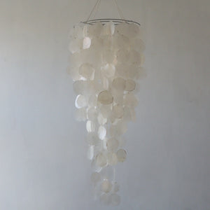 Capiz Shell Chandelier in natural shape, 30 cm diameter, handcrafted in Bali, customizable design and color.